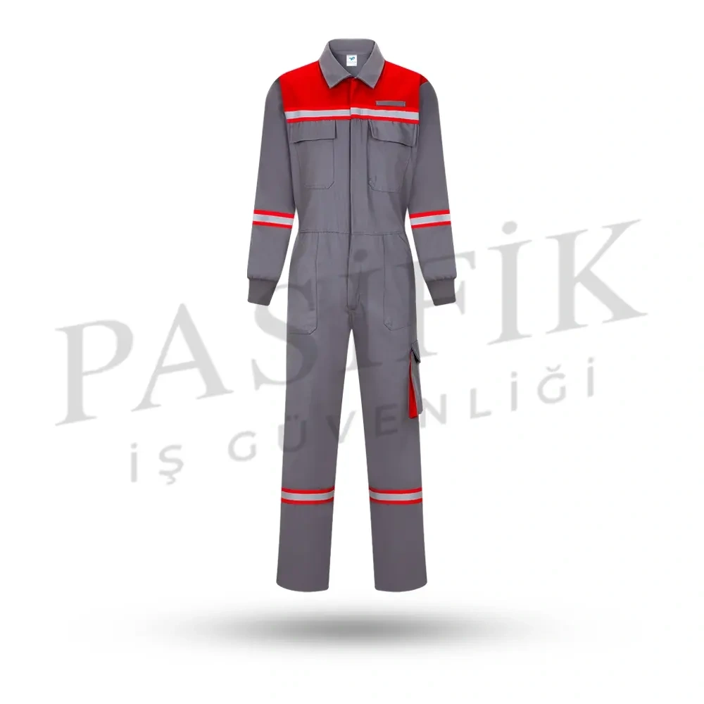 Marinex İş Tulumu Gri-Kırmızı Garnili